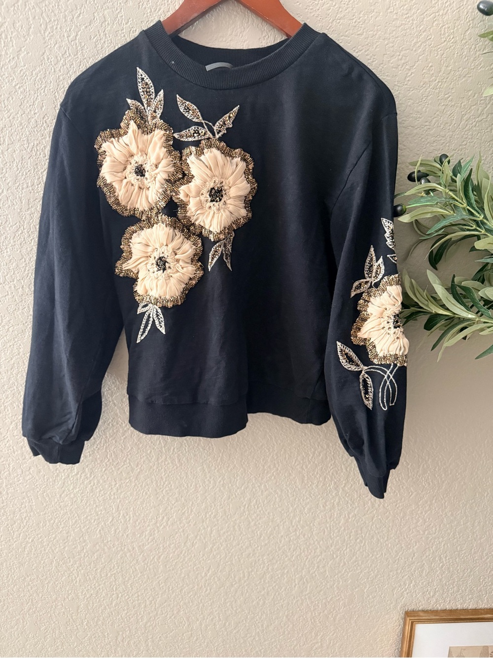 Anthropologie Floral Embellished 3D Flower Beaded Sweatshirt Black S